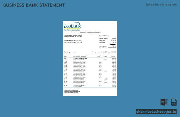 Togo Ecobank Organisation Kontoauszug (Word- und PDF-Beispiel)
